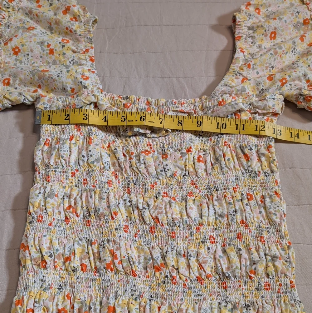 Storia Yellow Floral Smocked Mini Dress with Orange Accents, Women's Size Medium - Picture 9 of 10